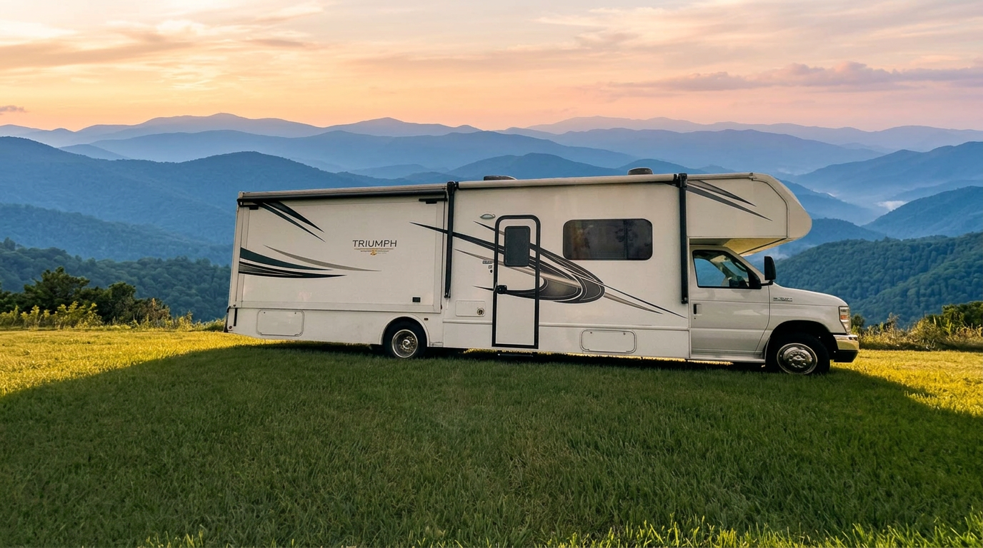 2021 Nexus Triumph Class C RV with scenic mountain backdrop