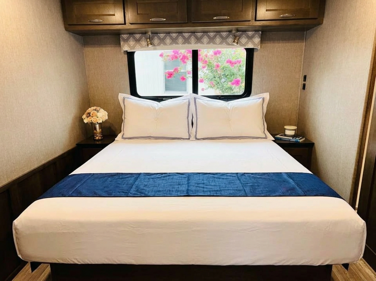 Queen bedroom with made bed